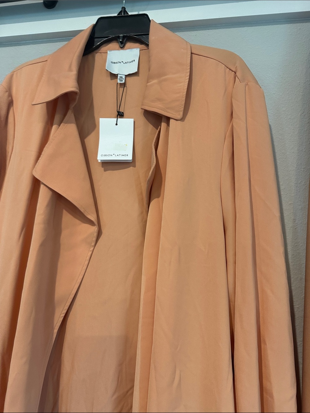 Gibson Latimer Soft Peach Open-Front Trench and pant.